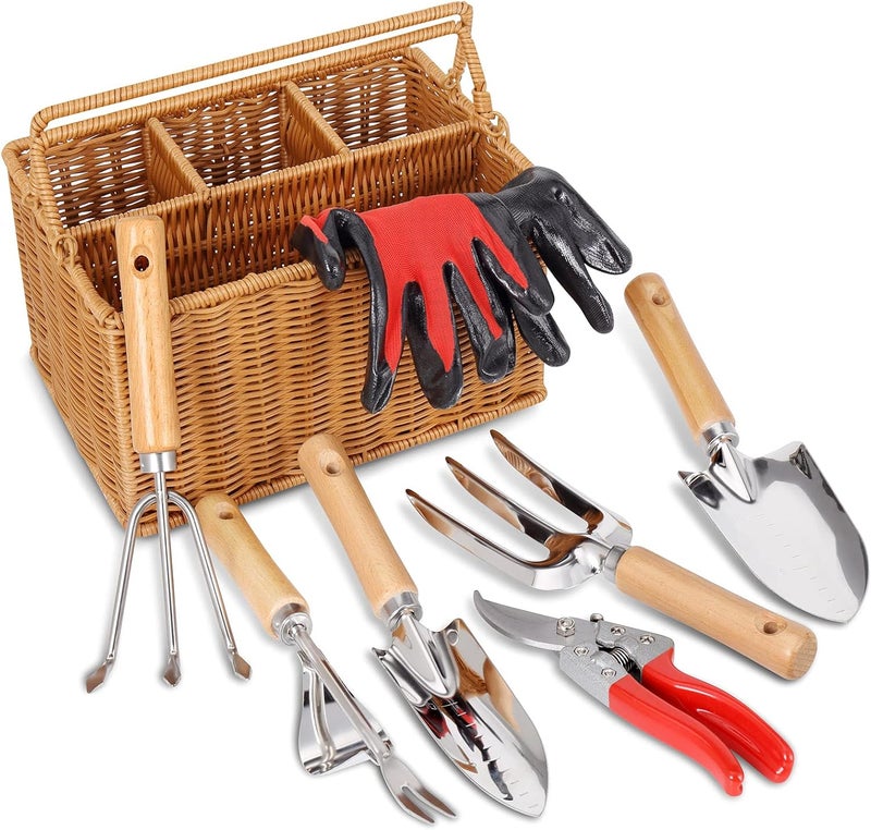 SOLIGT Garden Tools Set with Basket, Heavy Duty Stainless Steel Gardening Hand Tool with Wood Handle, Pruning Shears, Gloves - Perfect Gardening Gifts Planting Supplies for Women Men - Image 1